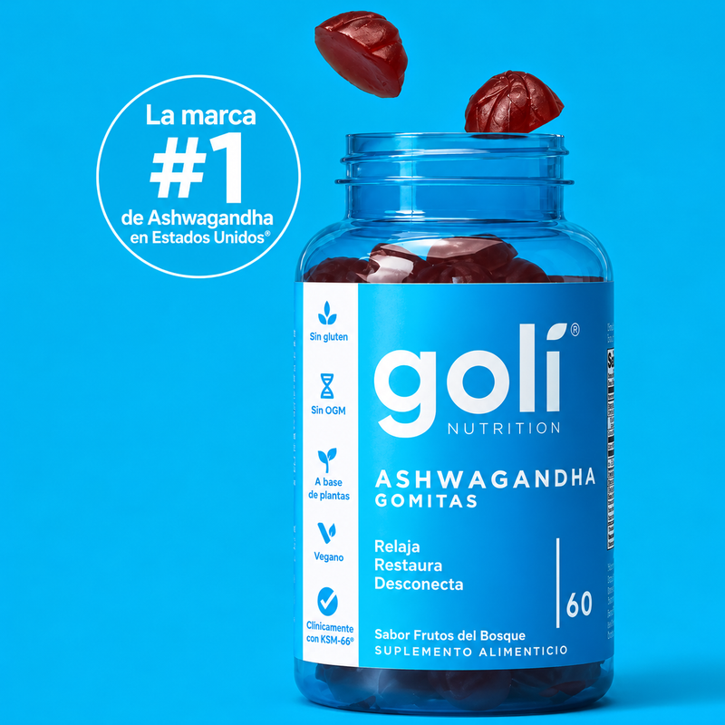 Frasco azul de Goli Ashwagandha con gomitas rojas y el sello de marca #1 de ashwagandha en Estados Unidos