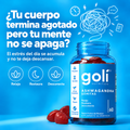 Frasco de Goli Ashwagandha con la pregunta: tu cuerpo termina agotado pero tu mente no se apaga