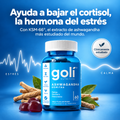 Frasco de Goli Ashwagandha junto a raíz de ashwagandha: ayuda a bajar el cortisol, la hormona del estrés