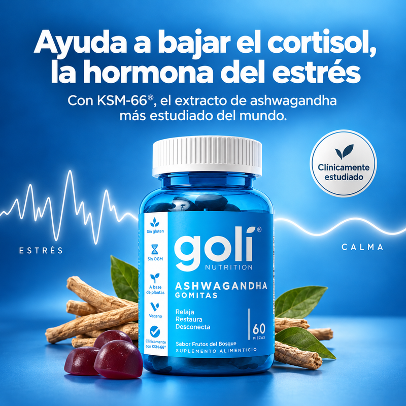 Frasco de Goli Ashwagandha junto a raíz de ashwagandha: ayuda a bajar el cortisol, la hormona del estrés