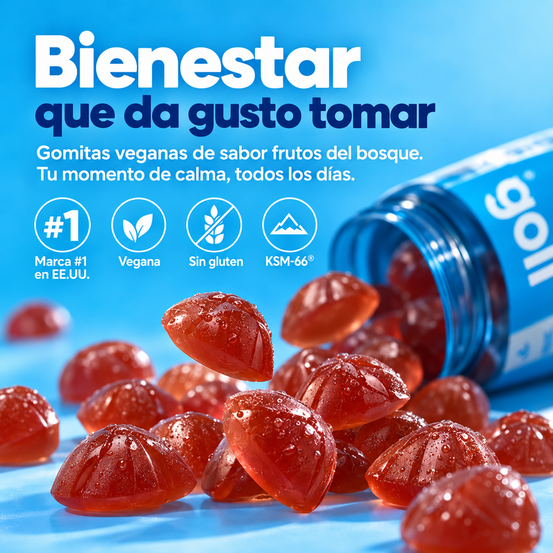 Gomitas rojas saliendo del frasco de Goli: bienestar que da gusto tomar, vegana, sin gluten, KSM-66