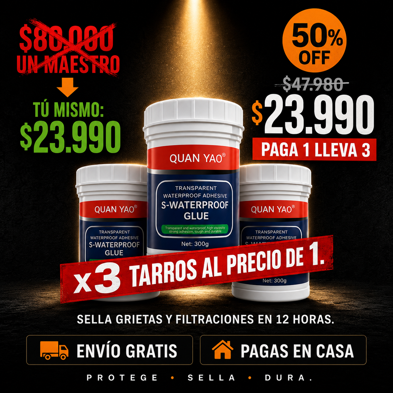 AquaStop™ — Sellador Impermeabilizante Transparente 300g, Paga 1 Lleva 3