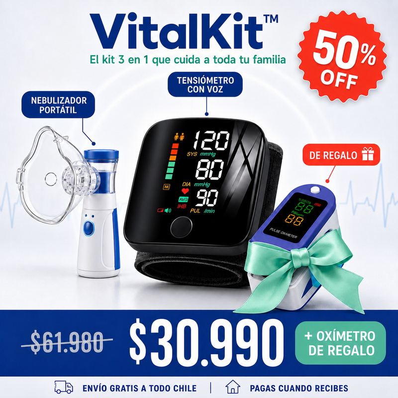 VitalKit™ — Tensiómetro Digital con Nebulizador Portátil + Oxímetro de Regalo