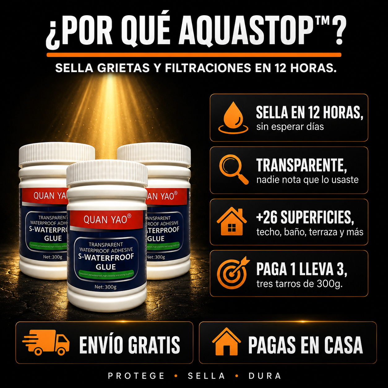 AquaStop™ — Sellador Impermeabilizante Transparente 300g, Paga 1 Lleva 3