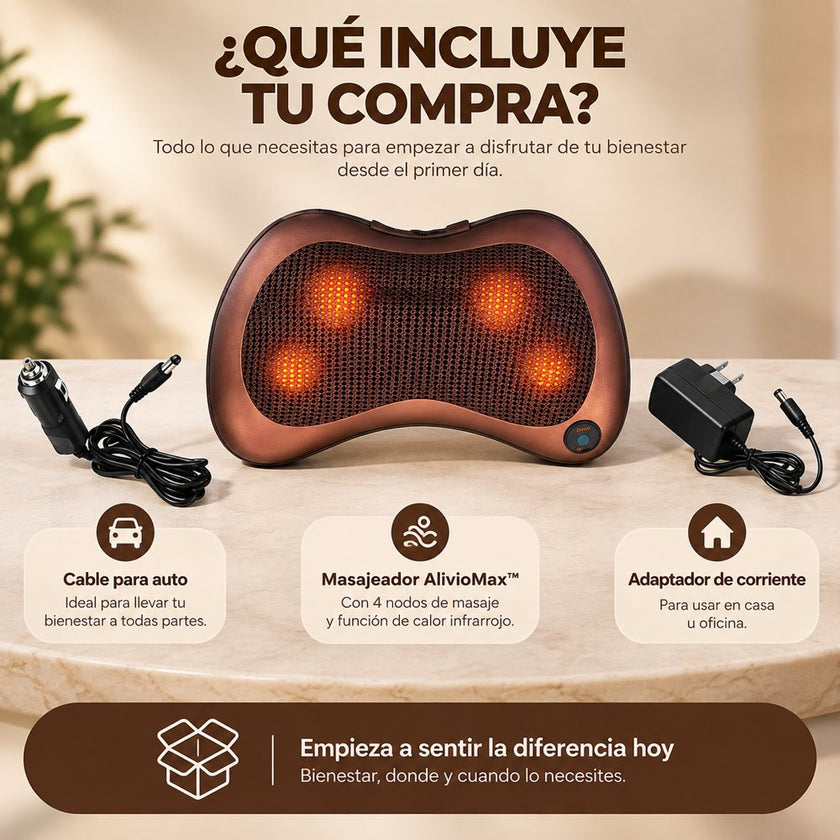 Qué incluye tu compra: masajeador AlivioMax, adaptador de corriente y cable para el auto