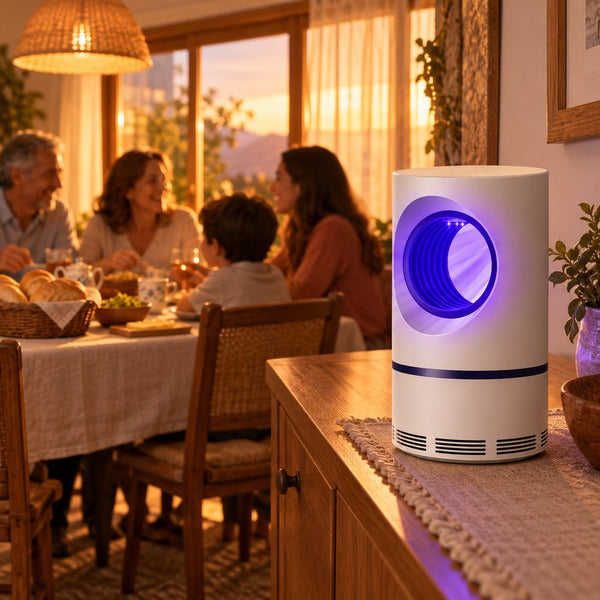 La lámpara prendida en un mueble del comedor mientras una familia cena al atardecer