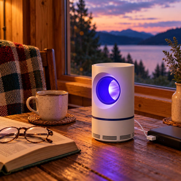 La lámpara prendida en una mesa de terraza junto a una taza y un power bank, con un lago al atardecer de fondo