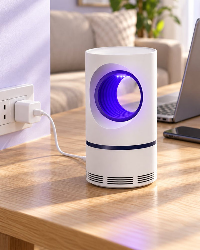 La lámpara sobre una mesa, conectada con su cable USB a un cargador de pared, junto a un notebook y un celular