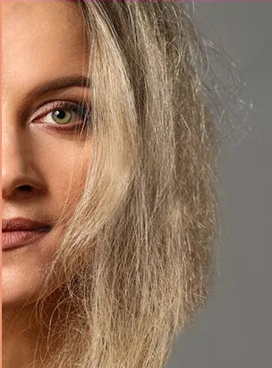 Medio rostro de una mujer con el pelo rubio seco y con frizz, antes