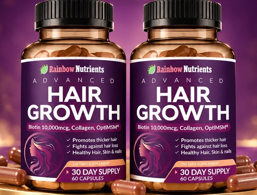 Dos frascos de Hair Growth de 60 cápsulas sobre un podio dorado