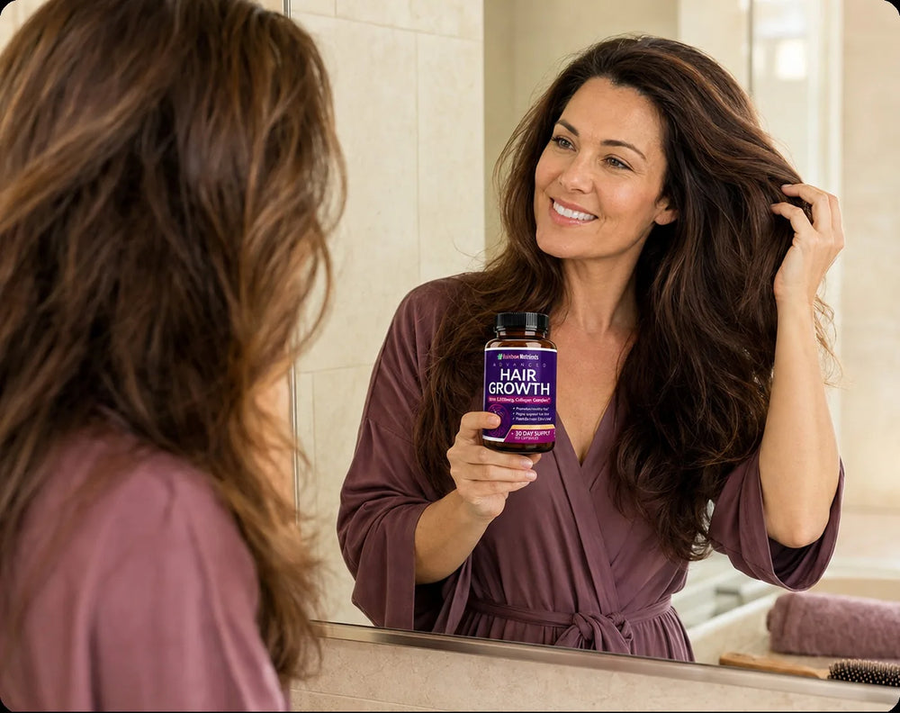 Una mujer frente al espejo, feliz con su pelo, con el frasco de Hair Growth en la mano