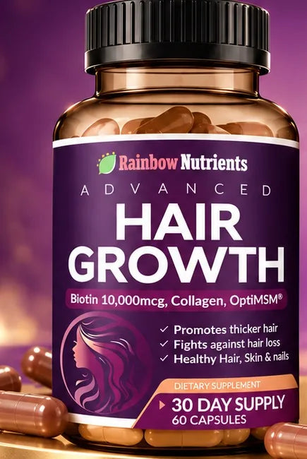 El frasco de Hair Growth de 60 cápsulas, con cápsulas alrededor