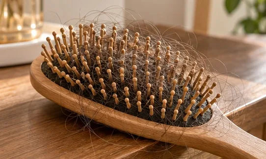 Un cepillo de madera con pelo enredado entre las cerdas