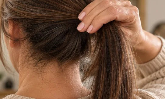 Una mano sujetando una cola de pelo delgada