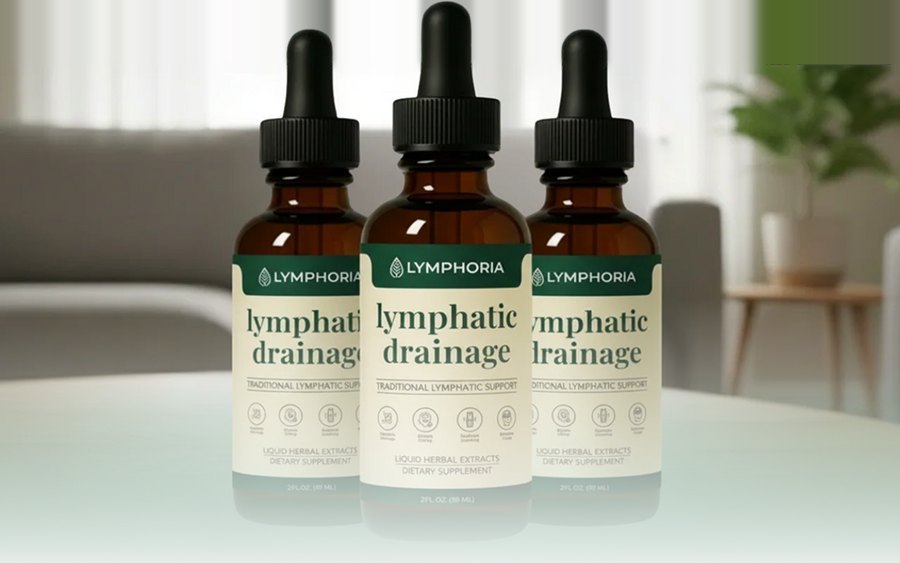 Tres frascos de Lymphoria sobre una mesa, en un living luminoso