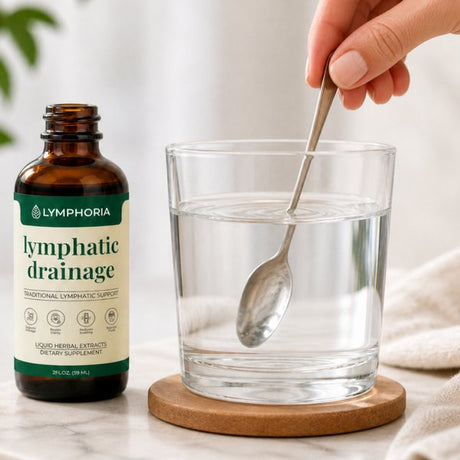Una cuchara revolviendo el vaso de agua junto al frasco de Lymphoria