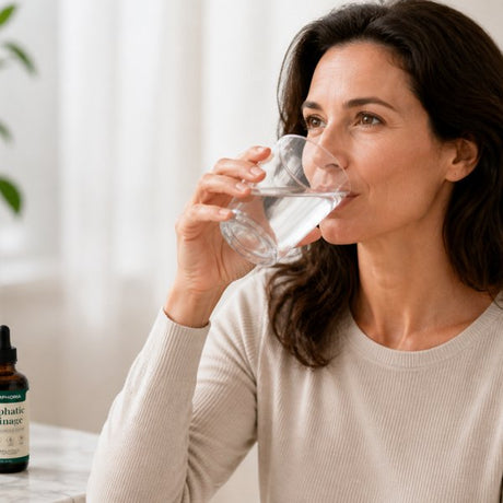 Una mujer tomando su vaso de agua, con el frasco de Lymphoria en la mesa