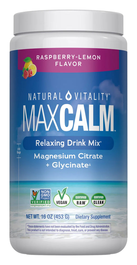 El tarro de MaxCalm de Natural Vitality, magnesio citrato + glicinato