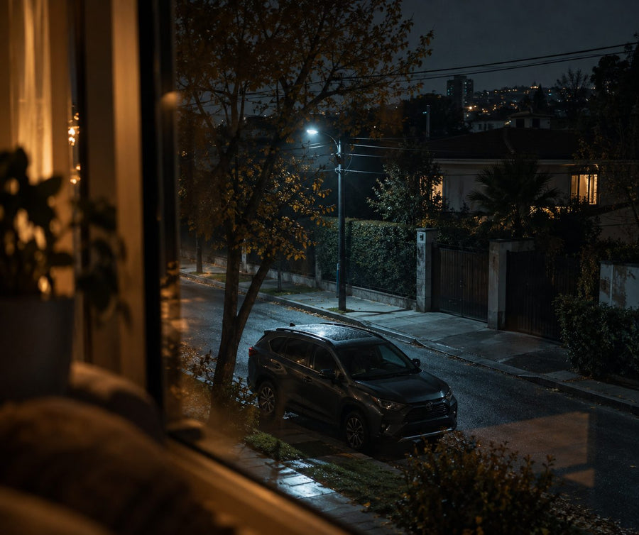 Un auto estacionado en la calle de noche, visto desde la ventana de la casa